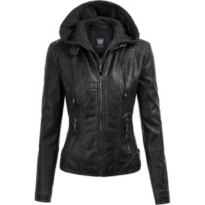 Lock and Love Women’s Faux Leather Moto Biker Jacket Coat with Removable or Non-Removable Hood(Wjc1044_black)