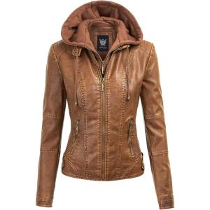 Lock and Love Women’s Faux Leather Moto Biker Jacket Coat with Removable or Non-Removable Hood(Wjc1044_camel)