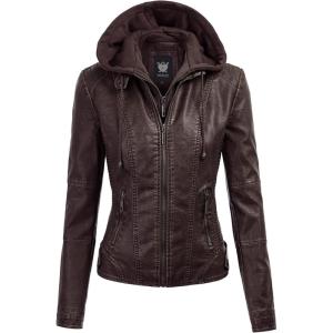 Lock and Love Women’s Faux Leather Moto Biker Jacket Coat with Removable or Non-Removable Hood(Wjc1044_coffee)