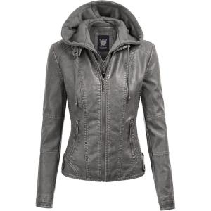 Lock and Love Women’s Faux Leather Moto Biker Jacket Coat with Removable or Non-Removable Hood(Wjc1044_grey)