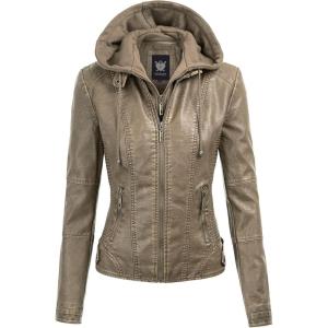Lock and Love Women’s Faux Leather Moto Biker Jacket Coat with Removable or Non-Removable Hood(Wjc1044_khaki)