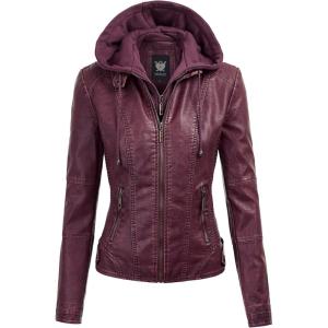 Lock and Love Women’s Faux Leather Moto Biker Jacket Coat with Removable or Non-Removable Hood(Wjc1044_wine)