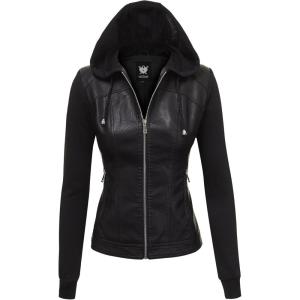 Lock and Love Women’s Faux Leather Moto Biker Jacket Coat with Removable or Non-Removable Hood(Wjc1347_black_black)