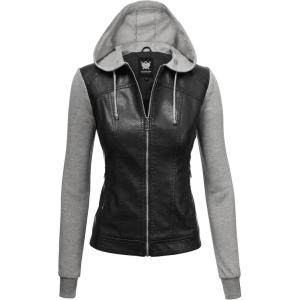 Lock and Love Women’s Faux Leather Moto Biker Jacket Coat with Removable or Non-Removable Hood(Wjc1347_black_h.grey)