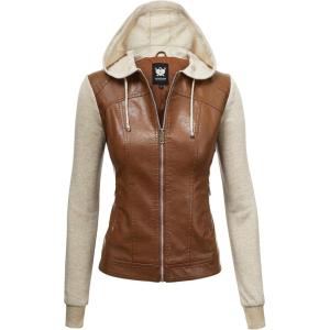 Lock and Love Women’s Faux Leather Moto Biker Jacket Coat with Removable or Non-Removable Hood(Wjc1347_camel_oatmeal)