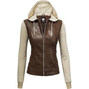 Lock and Love Women’s Faux Leather Moto Biker Jacket Coat with Removable or Non-Removable Hood(Wjc1347_coffee_oatmeal)