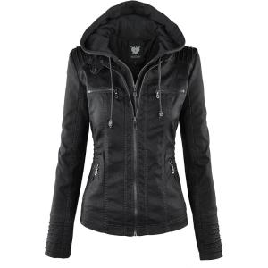 Lock and Love Women’s Faux Leather Moto Biker Jacket Coat with Removable or Non-Removable Hood(Wjc663_black)