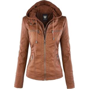 Lock and Love Women’s Faux Leather Moto Biker Jacket Coat with Removable or Non-Removable Hood(Wjc663_camel)