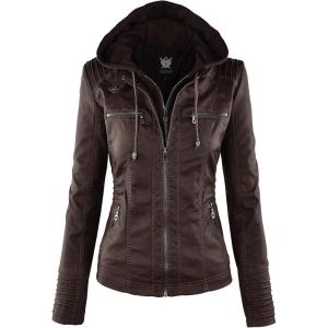 Lock and Love Women’s Faux Leather Moto Biker Jacket Coat with Removable or Non-Removable Hood(Wjc663_coffee/Ash_brown)
