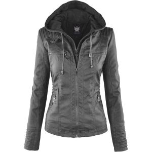 Lock and Love Women’s Faux Leather Moto Biker Jacket Coat with Removable or Non-Removable Hood(Wjc663_grey)