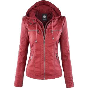 Lock and Love Women’s Faux Leather Moto Biker Jacket Coat with Removable or Non-Removable Hood(Wjc663_red)