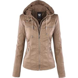 Lock and Love Women’s Faux Leather Moto Biker Jacket Coat with Removable or Non-Removable Hood(Wjc663_taupe)