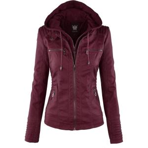 Lock and Love Women’s Faux Leather Moto Biker Jacket Coat with Removable or Non-Removable Hood(Wjc663_wine)