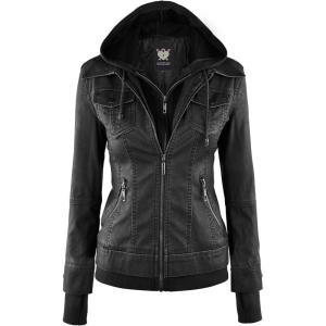 Lock and Love Women’s Faux Leather Moto Biker Jacket Coat with Removable or Non-Removable Hood(Wjc664_black/Charcoal)