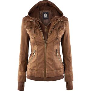 Lock and Love Women’s Faux Leather Moto Biker Jacket Coat with Removable or Non-Removable Hood(Wjc664_camel)