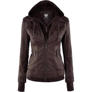 Lock and Love Women’s Faux Leather Moto Biker Jacket Coat with Removable or Non-Removable Hood(Wjc664_coffee/Ash_brown)