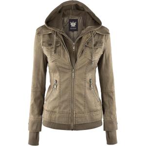Lock and Love Women’s Faux Leather Moto Biker Jacket Coat with Removable or Non-Removable Hood(Wjc664_khaki)
