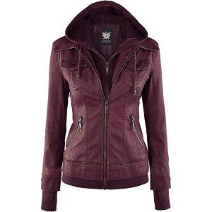 Lock and Love Women’s Faux Leather Moto Biker Jacket Coat with Removable or Non-Removable Hood(Wjc664_wine)