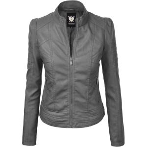 Lock and Love Women’s Faux Leather Moto Biker Jacket Coat with Removable or Non-Removable Hood(Wjc746a_grey)