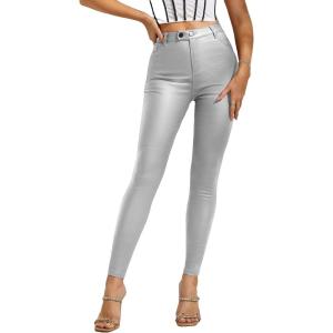 MakeMeChic Women’s Faux Leather Stretch Skinny Pants High Waisted Double Button Leggings Club Party Pants(Silver)