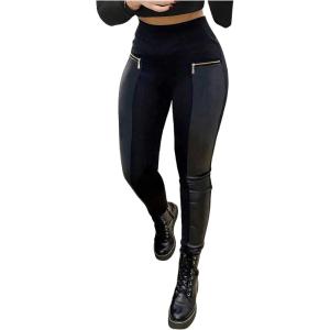 MakeMeChic Women’s Faux PU Leather Leggings Elastic High Waisted Y2K Skinny Pants(Black)