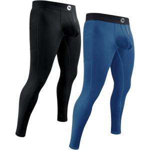 RM Real Men ABCD Pouch Compression Pants – 1, 2 and 3 Pack, Mens Leggings, Yoga Pants, Tights, Base Layer Men Cold Weather(2 Pack – Black/Blue Aero Flex)