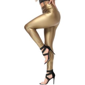SEASUM Women’s Faux Leather Leggings Pants PU Elastic Shaping Hip Push Up Black Sexy Stretchy High Waisted Tights(#3 Classic Gold)