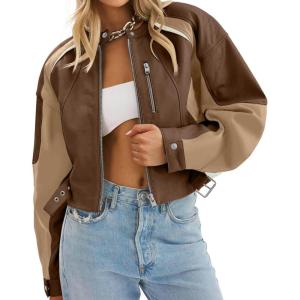 Tankaneo Womens Faux Leather Bomber Jackets Cropped Zip Up Color Block Fall Casual Moto Biker Coats(Dark Brown)