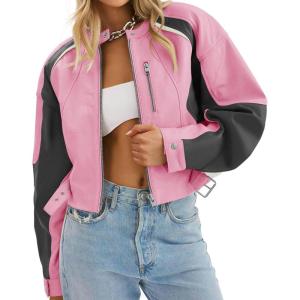 Tankaneo Womens Faux Leather Bomber Jackets Cropped Zip Up Color Block Fall Casual Moto Biker Coats(Pink Purple)