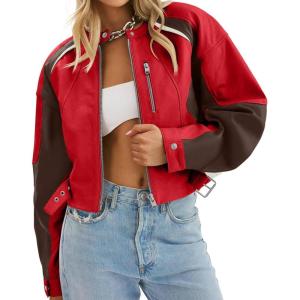 Tankaneo Womens Faux Leather Bomber Jackets Cropped Zip Up Color Block Fall Casual Moto Biker Coats(Red)