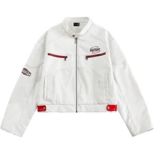 Women’s Cropped Moto Biker Jacket PU Leather Short Racing Coat with Stand Collar, Zip Pockets(White)
