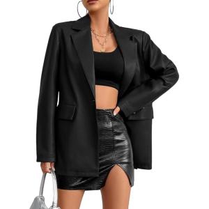 Womens Faux Leather Blazer Jacket Moto Biker Coat Long Sleeves Button Fashion Coats(Black)