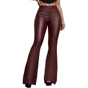 Women’s Faux Leather Coated Flare Pants Mid Waist PU Skinny Black Leggings Bell Bottom Pants with Pockets(Burgundy)