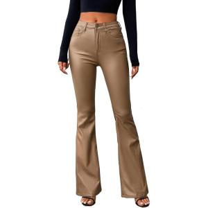Women’s Faux Leather Coated Flare Pants Mid Waist PU Skinny Black Leggings Bell Bottom Pants with Pockets(Camel)
