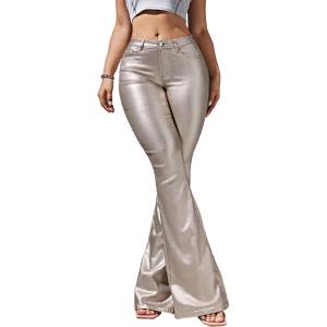 Women’s Faux Leather Coated Flare Pants Mid Waist PU Skinny Black Leggings Bell Bottom Pants with Pockets(Champagne)