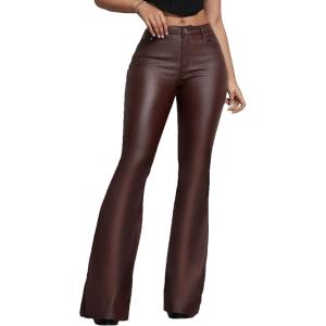 Women’s Faux Leather Coated Flare Pants Mid Waist PU Skinny Black Leggings Bell Bottom Pants with Pockets(Chocolate)