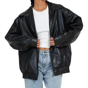 Womens Faux Leather Jackets Oversized Motorcycle Jacket Bomber Coats Fashion Outfits Spring Fall Clothes(Black)