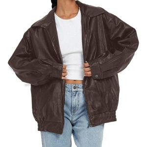 Womens Faux Leather Jackets Oversized Motorcycle Jacket Bomber Coats Fashion Outfits Spring Fall Clothes(Brown)