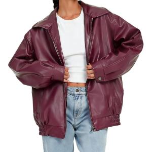 Womens Faux Leather Jackets Oversized Motorcycle Jacket Bomber Coats Fashion Outfits Spring Fall Clothes(Burgundy)