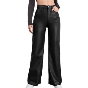 Women’s Faux Leather Pants Coated High Waist PU Straight Leg Trousers Black Leggings with Pockets(Black)