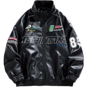 Women’s Faux Leather Racing Jacket Oversized Moto Bomber Varsity Coat with Graphic Print Unisex Streetwear(Black)