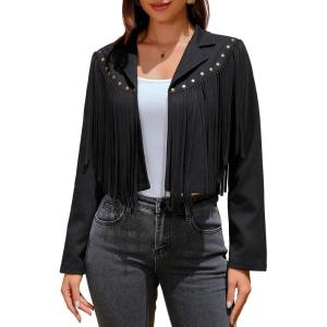 Women’s Fringe Faux Suede Leather Jackets Fashion Fall Western Tassel Motorcycle Cropped Open Front Coats with Rivets(Black)