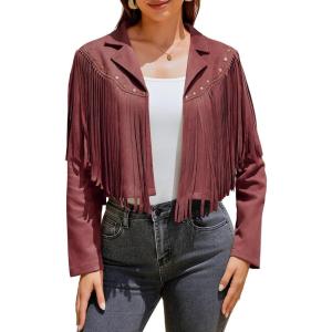Women’s Fringe Faux Suede Leather Jackets Fashion Fall Western Tassel Motorcycle Cropped Open Front Coats with Rivets(Burgundy)