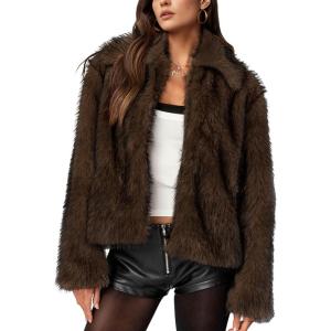 Wyeysyt Womens Faux Fur Coat Cropped Lapel Fur Jacket Fluffy Open Front Fuzzy Winter Short Coat Outerwear(Coffee)
