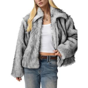 Wyeysyt Womens Faux Fur Coat Cropped Lapel Fur Jacket Fluffy Open Front Fuzzy Winter Short Coat Outerwear(White Black)
