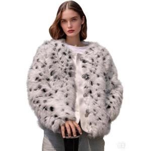 XULIKU Women Faux Fur Snow Leopard Print Jacket, Hip Length, Long Sleeve, Button Front, 2 Pockets, White with Black Spots(White With Black Spots)