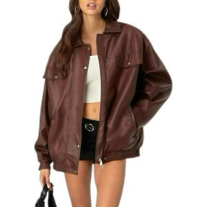 hathne Women’s PU Leather Jacket Oversized Vintage Long Sleeve Motorcycle Faux Leather Blazer Jackets(Dark Red)