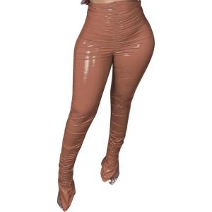 xxxiticat Women’s Pleated PU Leather Pants High Wasit Bodycon Ruched Split Hem Faux Leather Club Legging Trousers(Brown)
