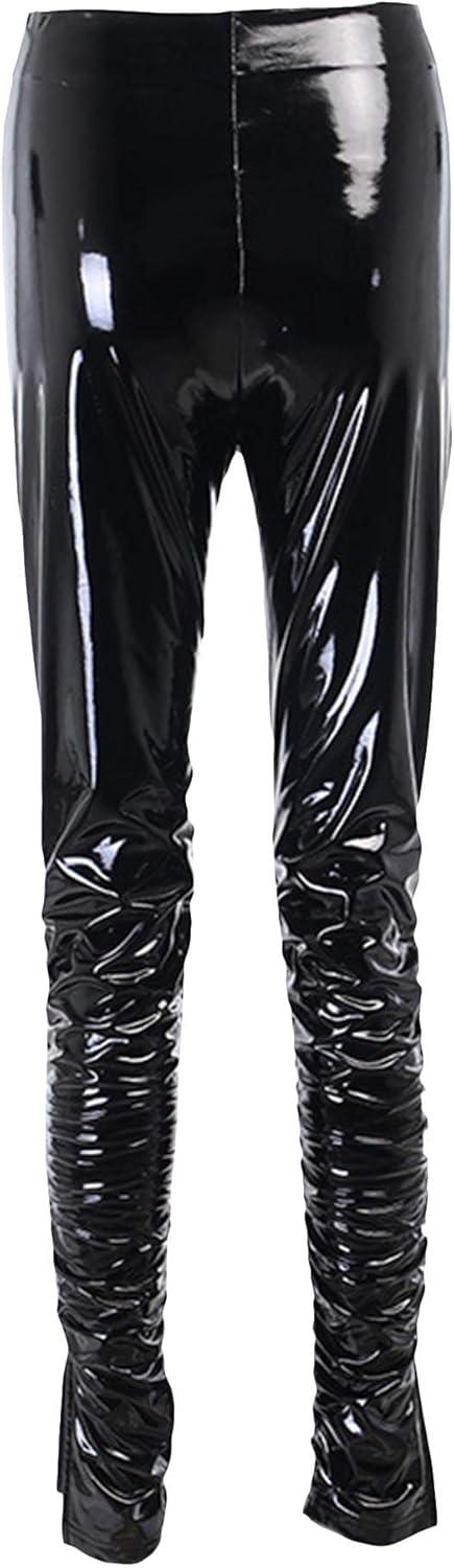 imagexxxiticat Womens Pleated PU Leather Pants High Wasit Bodycon Ruched Split Hem Faux Leather Club Legging TrousersBlack