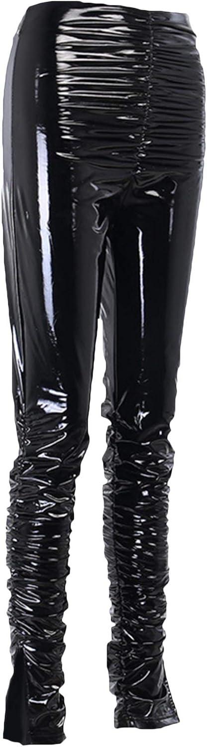 imagexxxiticat Womens Pleated PU Leather Pants High Wasit Bodycon Ruched Split Hem Faux Leather Club Legging TrousersBlack